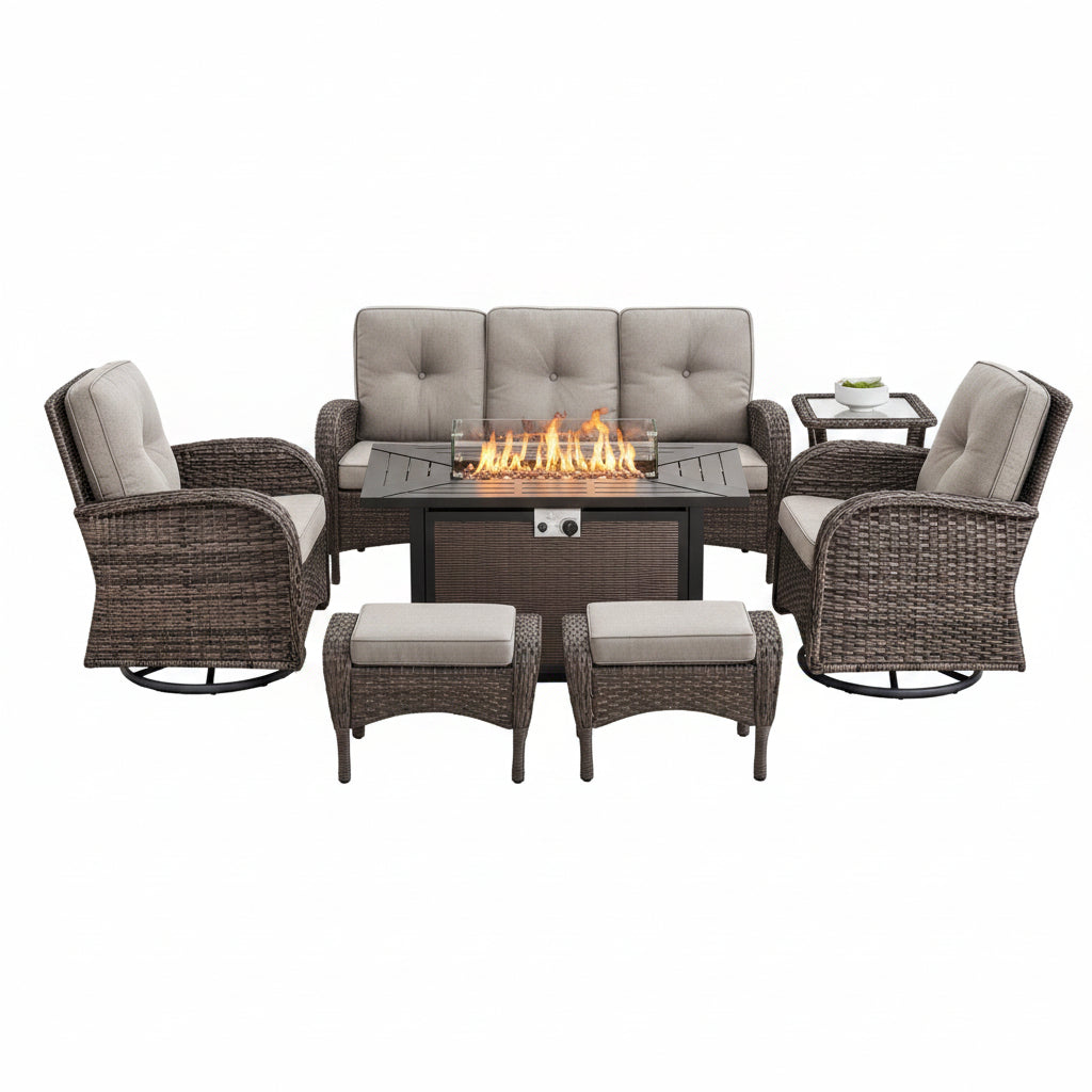 7 Piece Outdoor Patio Furniture Set, Patio Furniture Set with Fire Pit Table Rattan Wicker Patio Furniture Set, Brown Wicker & Beige Cushion