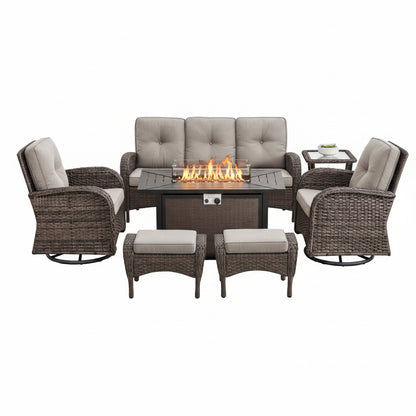 7 Piece Outdoor Patio Furniture Set, Patio Furniture Set with Fire Pit Table Rattan Wicker Patio Furniture Set, Brown Wicker & Beige Cushion