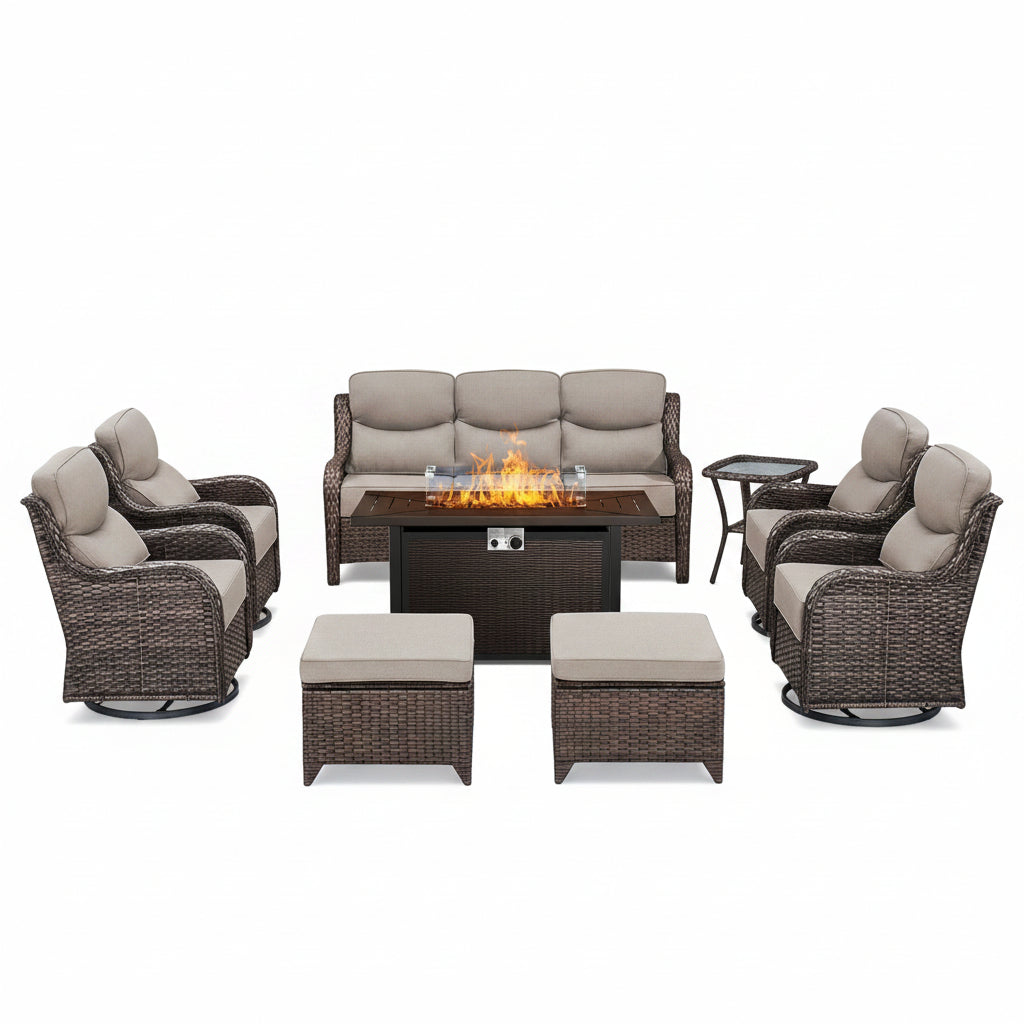 9-Piece Outdoor Patio Furniture Set with Fire Pit Table,Swivel Chairs and 6" Thick Cushions,Sectional Sofa and Ottomans,Patio Conversation Set for Porch Deck Garden Backyard