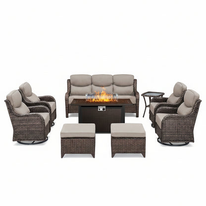 9-Piece Outdoor Patio Furniture Set with Fire Pit Table,Swivel Chairs and 6" Thick Cushions,Sectional Sofa and Ottomans,Patio Conversation Set for Porch Deck Garden Backyard