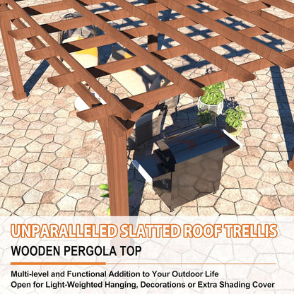 10' X 12' Patio Pergola, Cedar Wood Pergolas with Solid Structure, Pergola Kits, Outdoor Pergolas and Gazebos with Slatted Trellis Roof for Deck Backyard Grill Party Garden