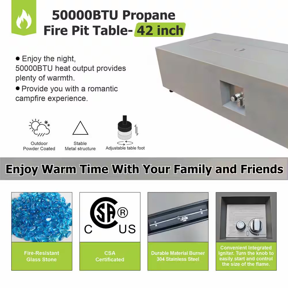 50000 BTU Coating Steel Propane Fire Pit Table in Gray Rectangular Modern Outdoor Gas Fire Table with Tank Holder